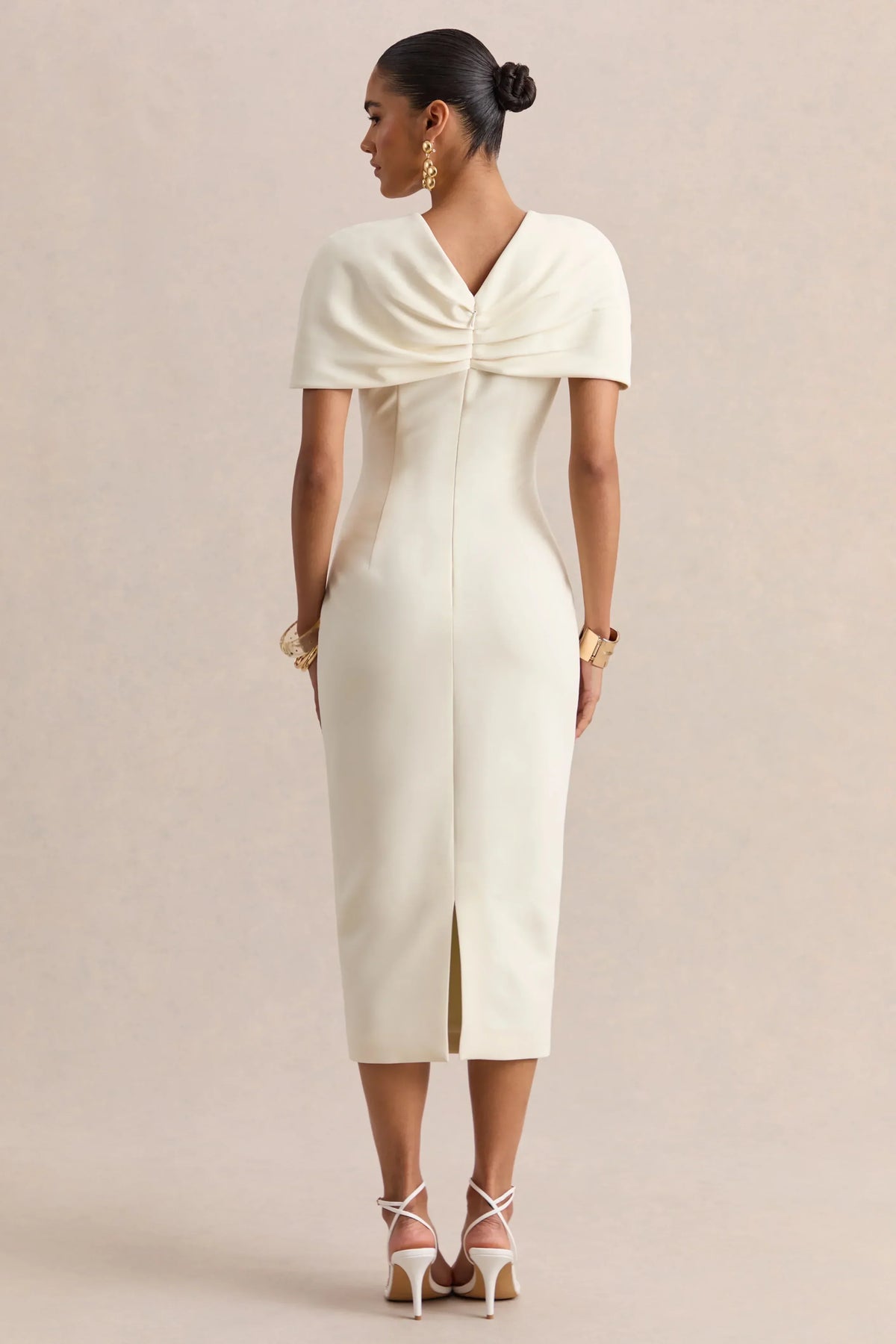 Novalie | Cream V-Neck Midi Dress With Twist-Detail