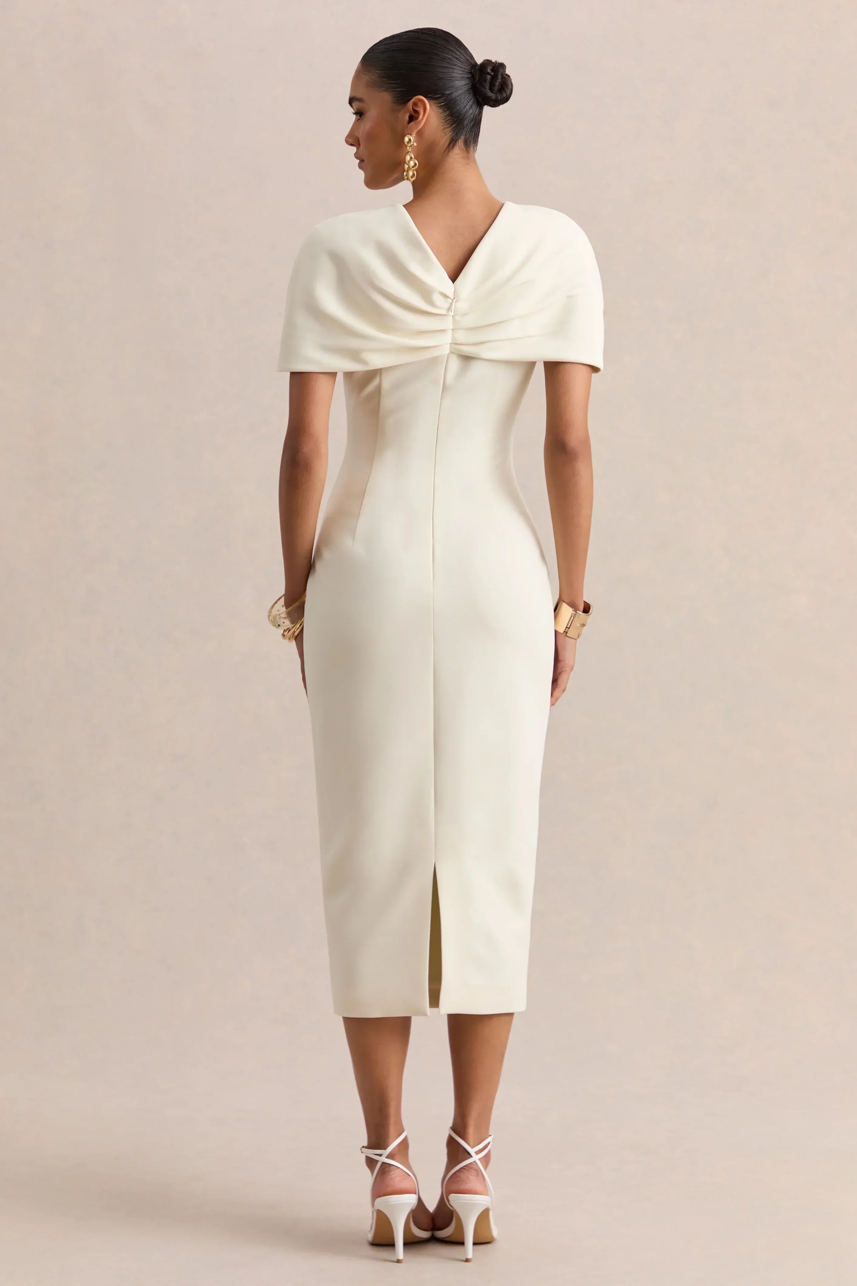 Novalie | Cream V-Neck Midi Dress With Twist-Detail