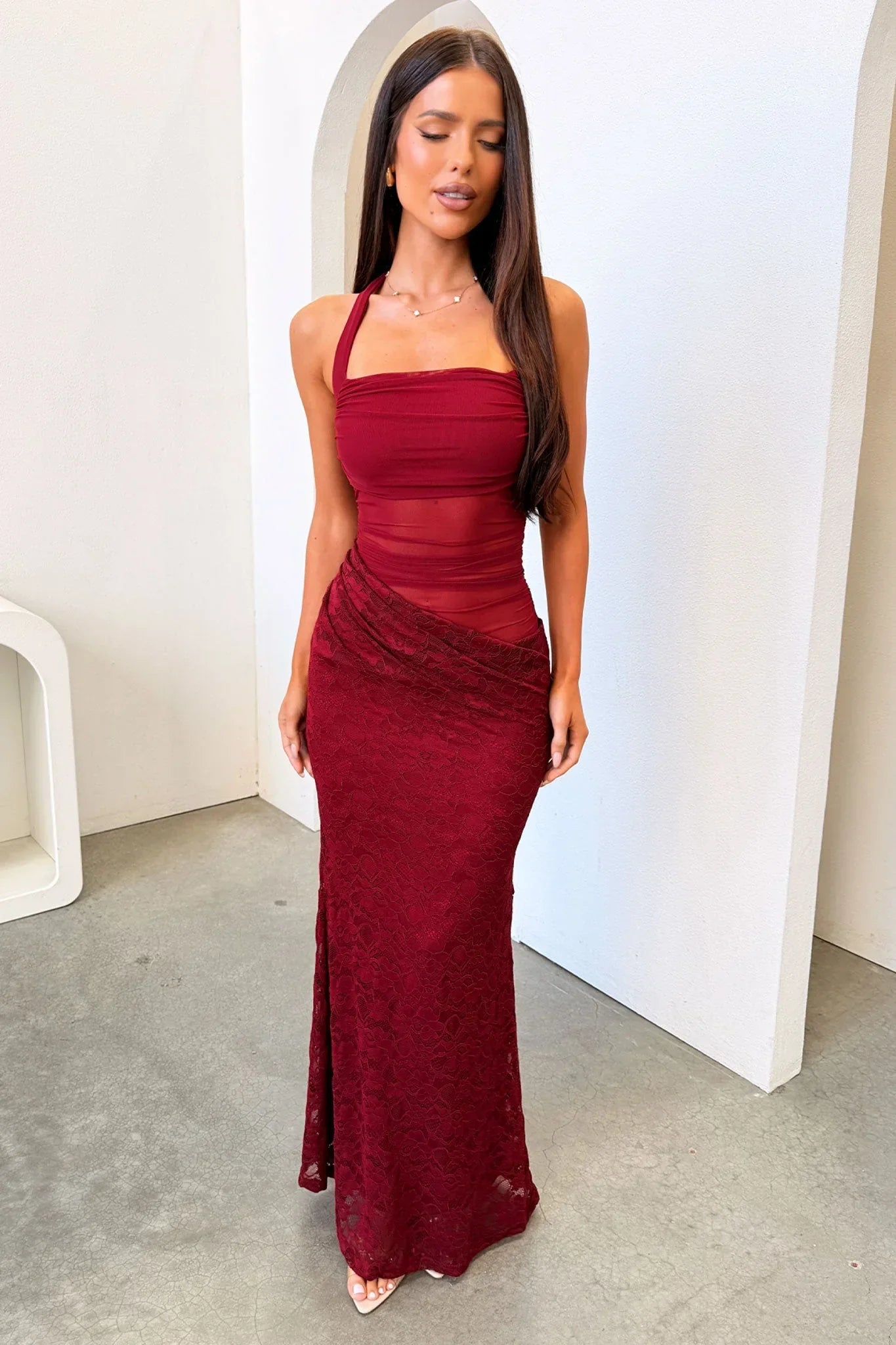 Liora Lace Halter Neck Maxi Dress - Burgundy