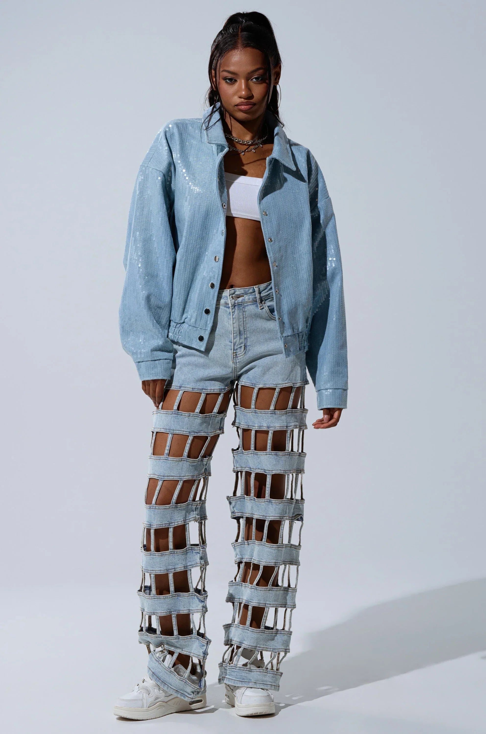 Sequin Overlay Denim Bomber