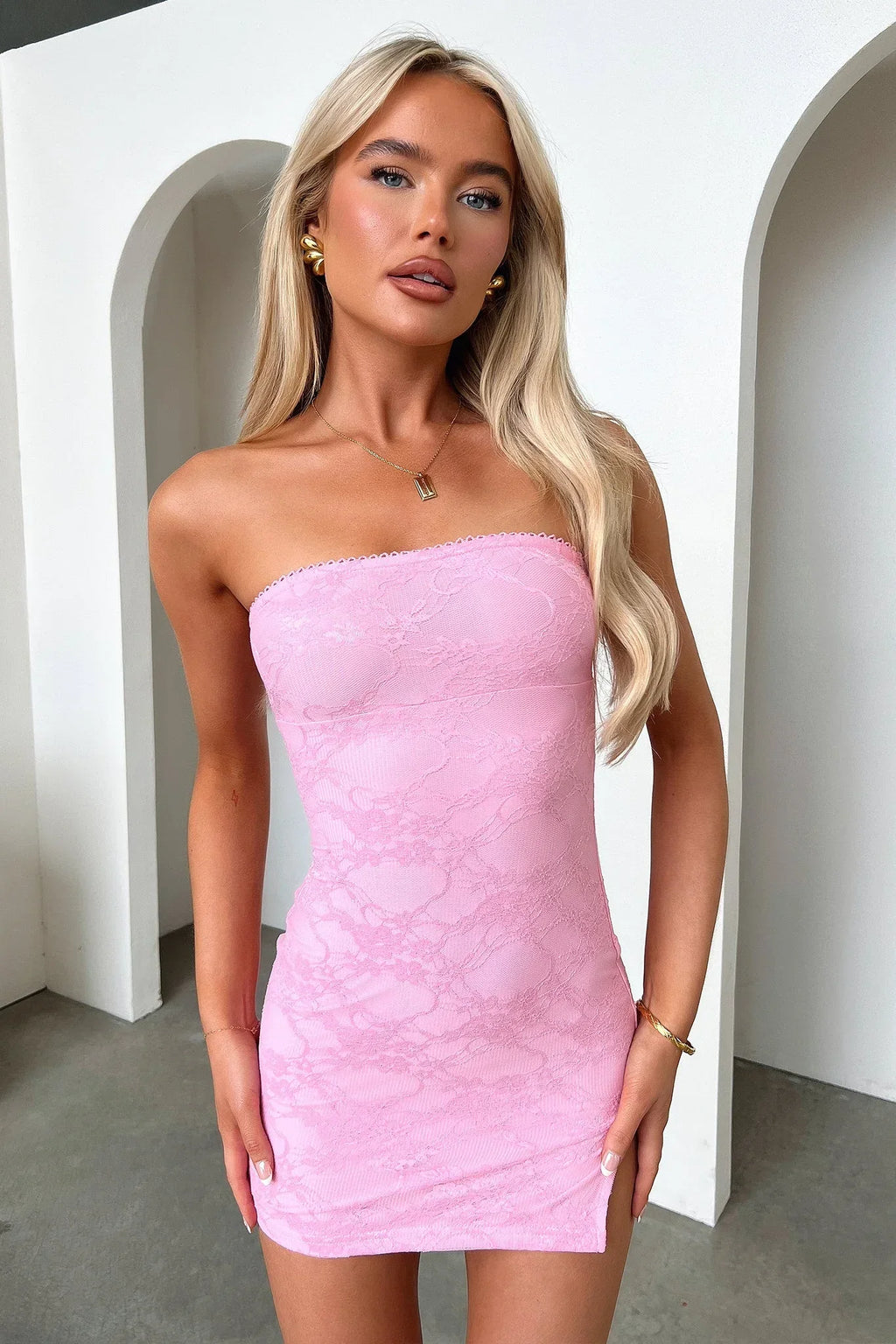 Sedona Lace Strapless Mini Dress - Pink