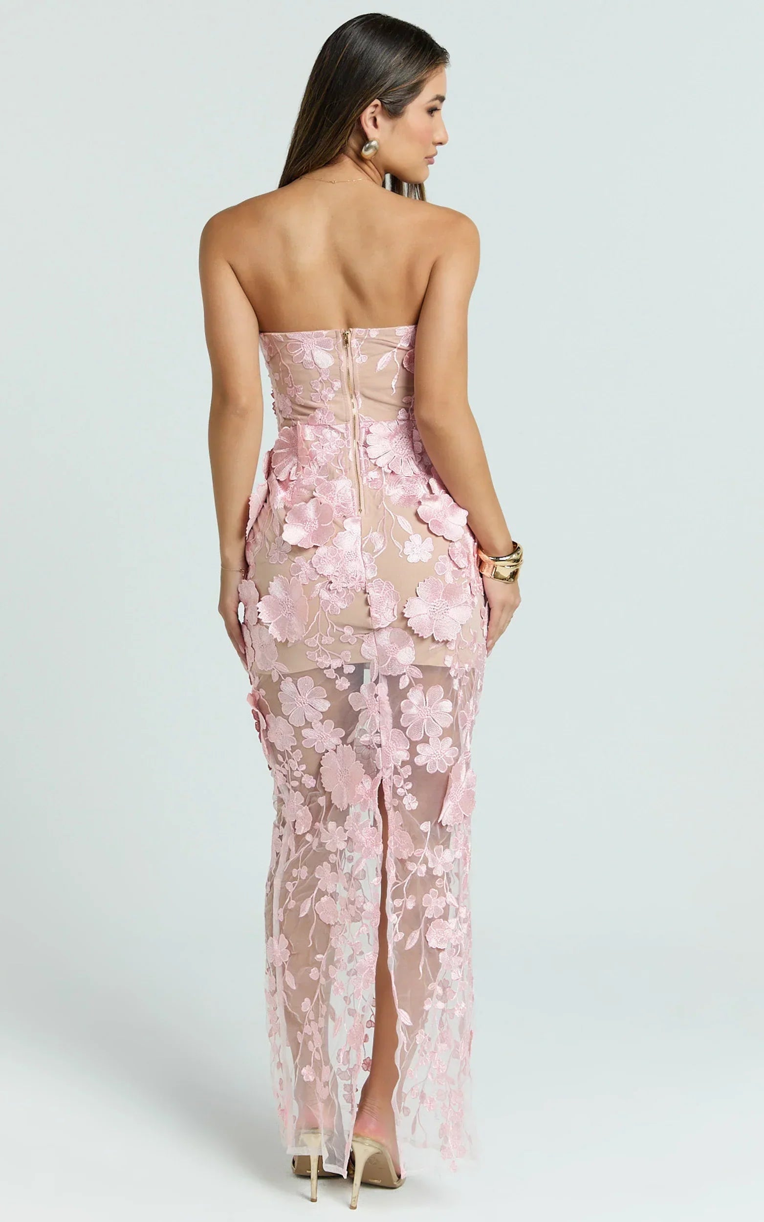 Sienna Maxi Dress - 3D Floral Strapless Column Dress In Pink