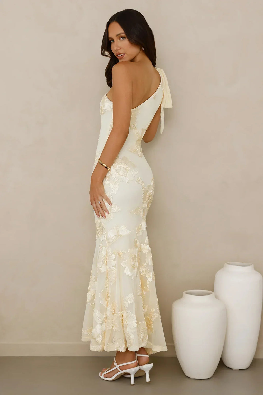 Glossy Girl One Shoulder Mesh Maxi Dress