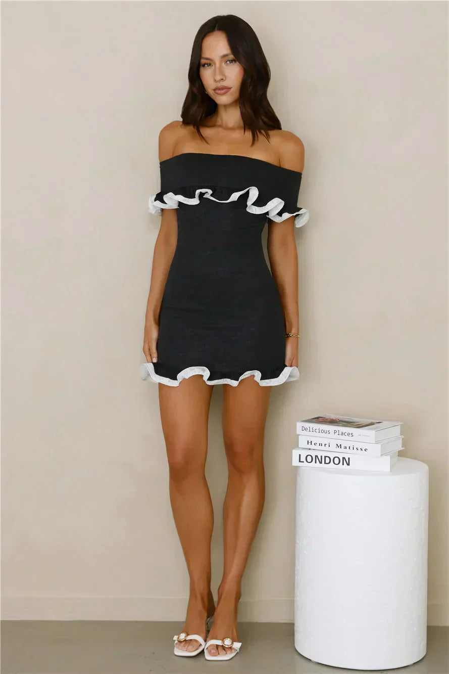 Glimmering Noir Off Shoulder Lace Mini Dress