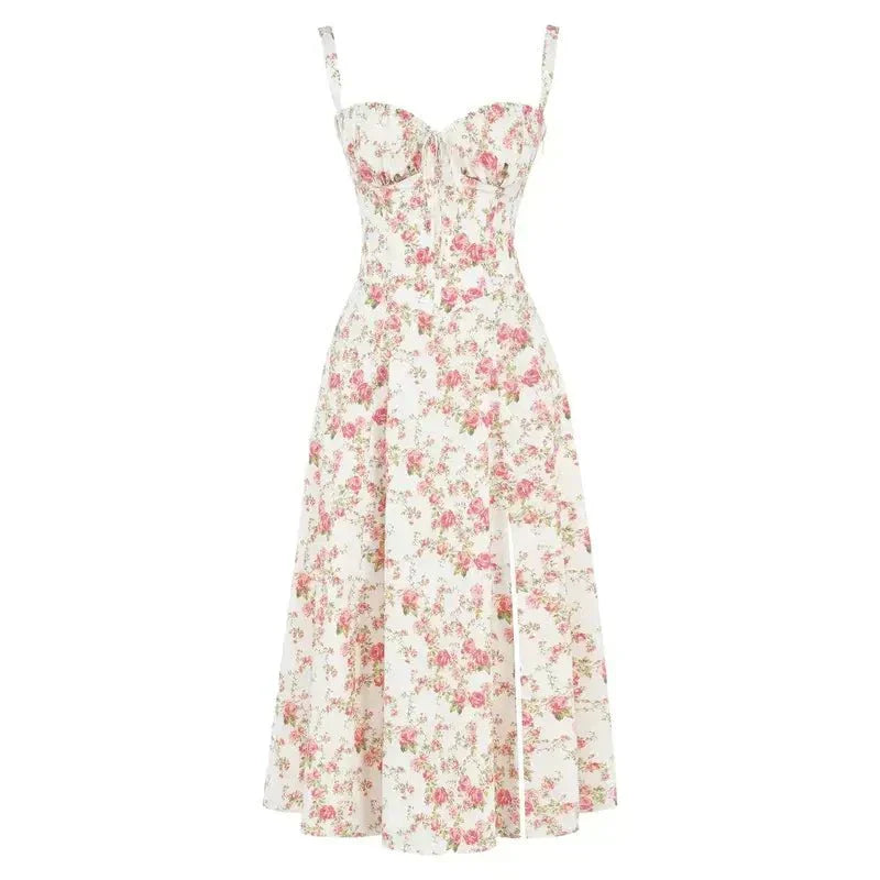 Corset Midi Dress – Tailored Waist And Flowing Skirt