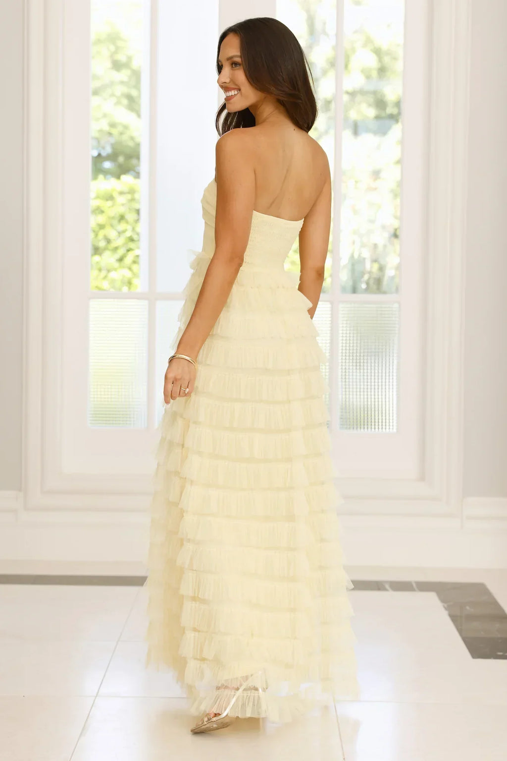Lovers In Paris Strapless Tulle Maxi Dress Yellow
