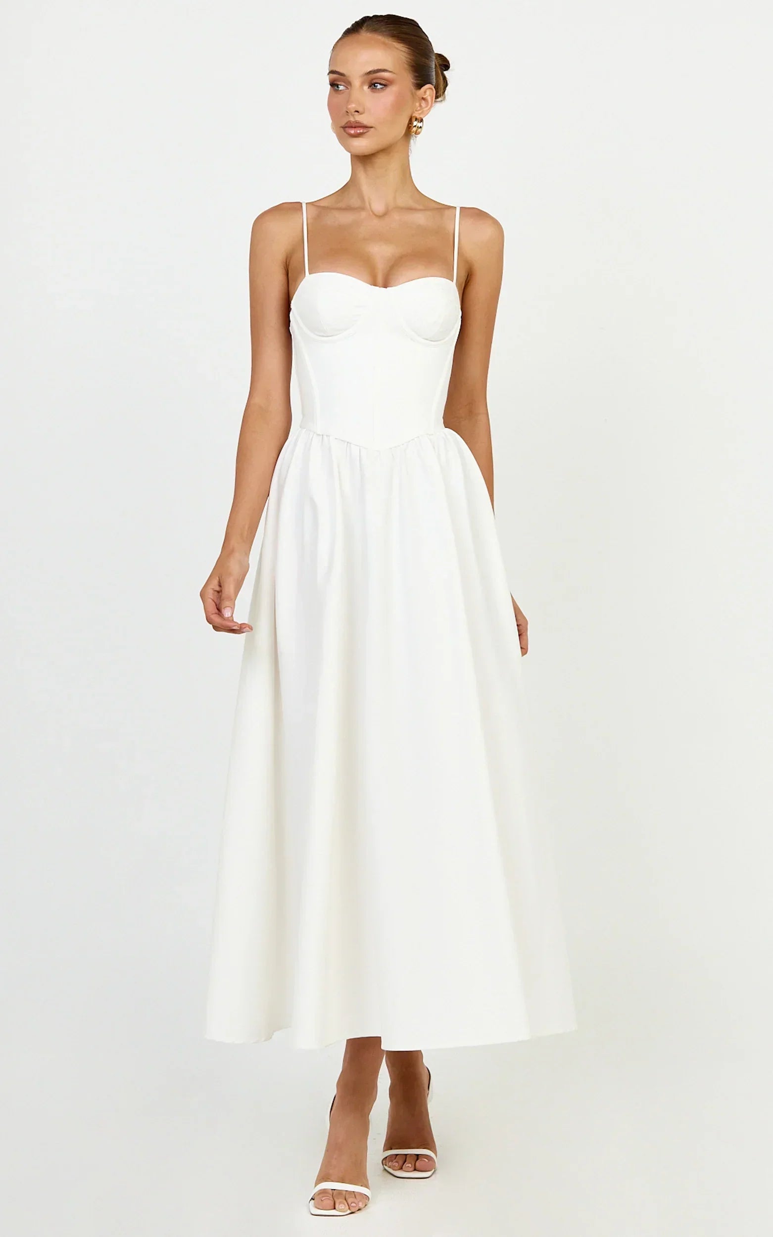 Seren Midi Dress - Corset Bodice Fit And Flare Dress In White