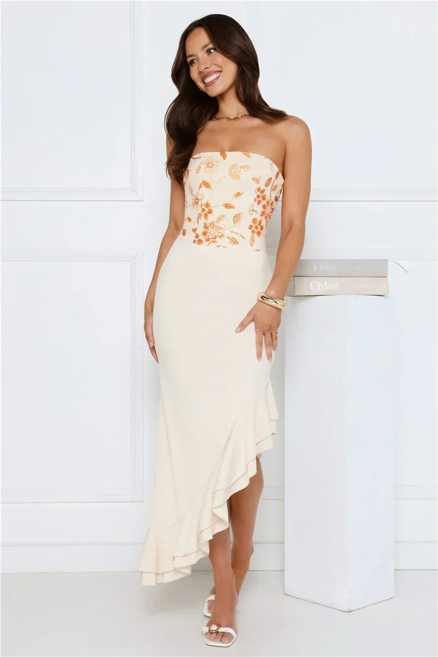 Enchanted Affection Strapless Sequin Midi Dress