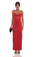 Satin Front Bow Maxi Dress in Red