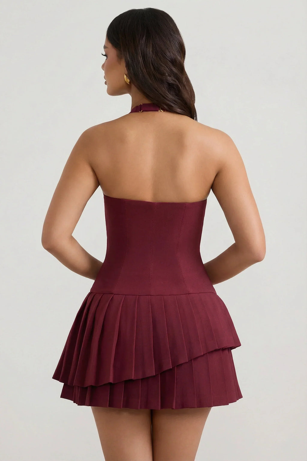 Asymmetric Layered Halterneck Mini Dress In Wine Red