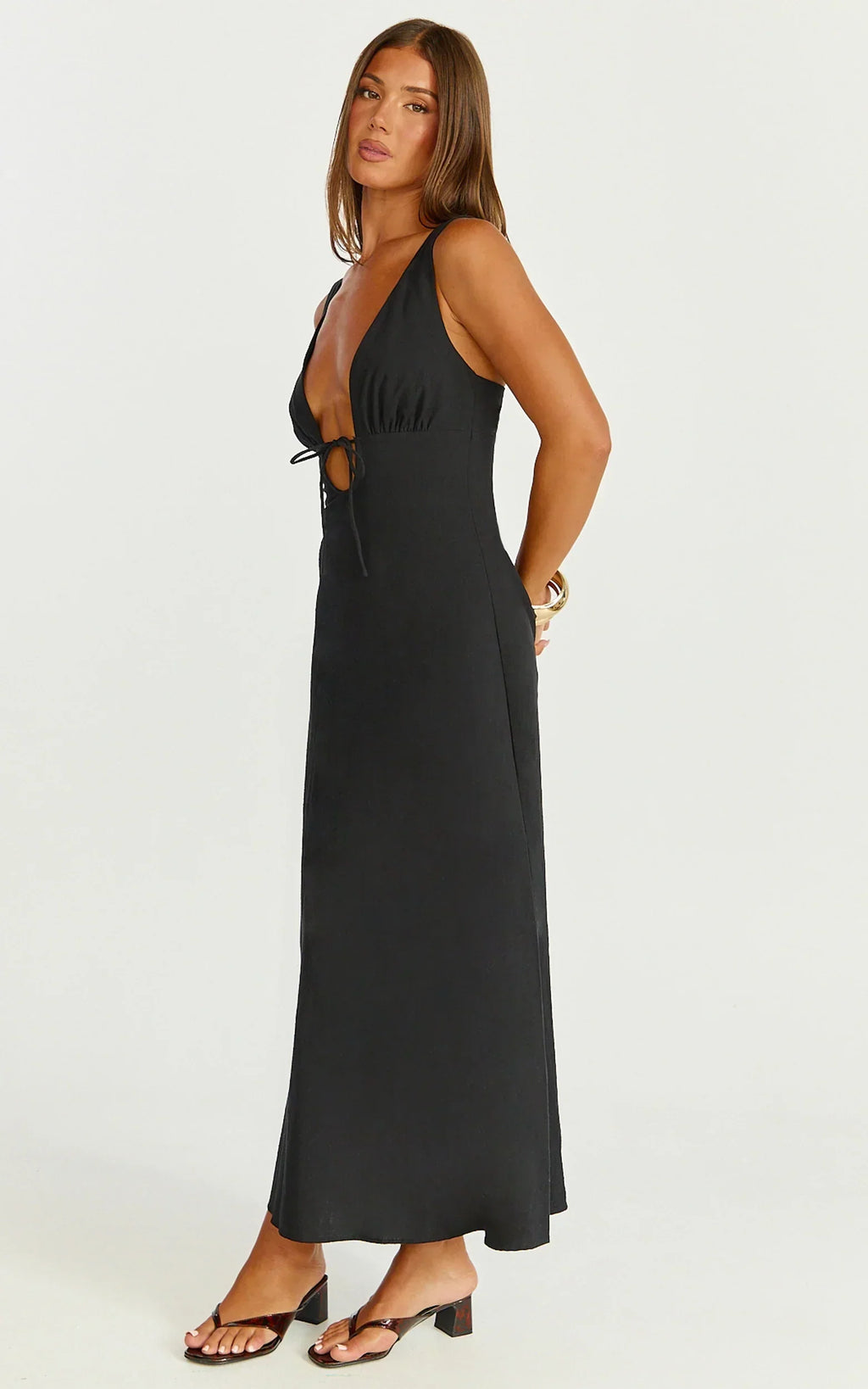 Silvena Midi Dress - Plunge Neckline Tie Front A Line Dress In Black
