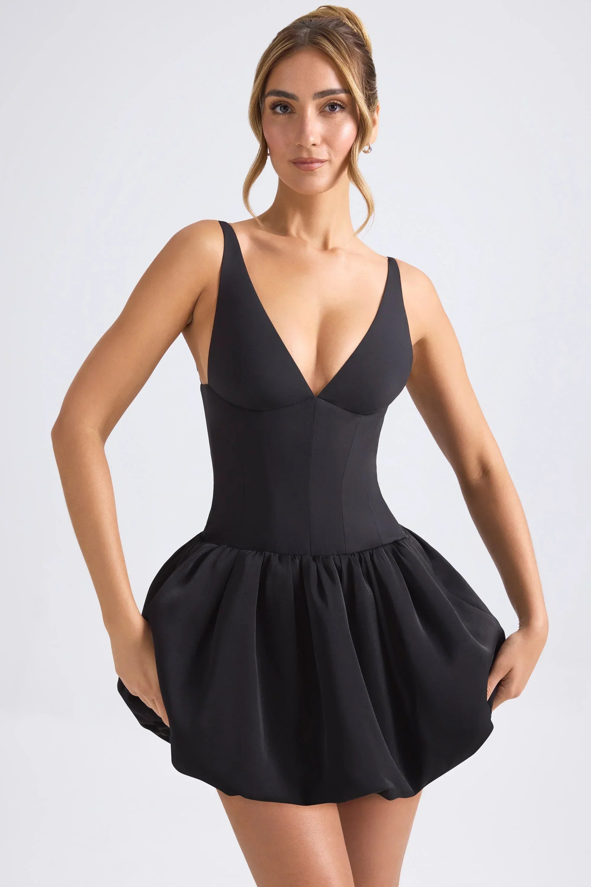 Lace-Up Bubble Hem Corset Micro Mini Dress In Black