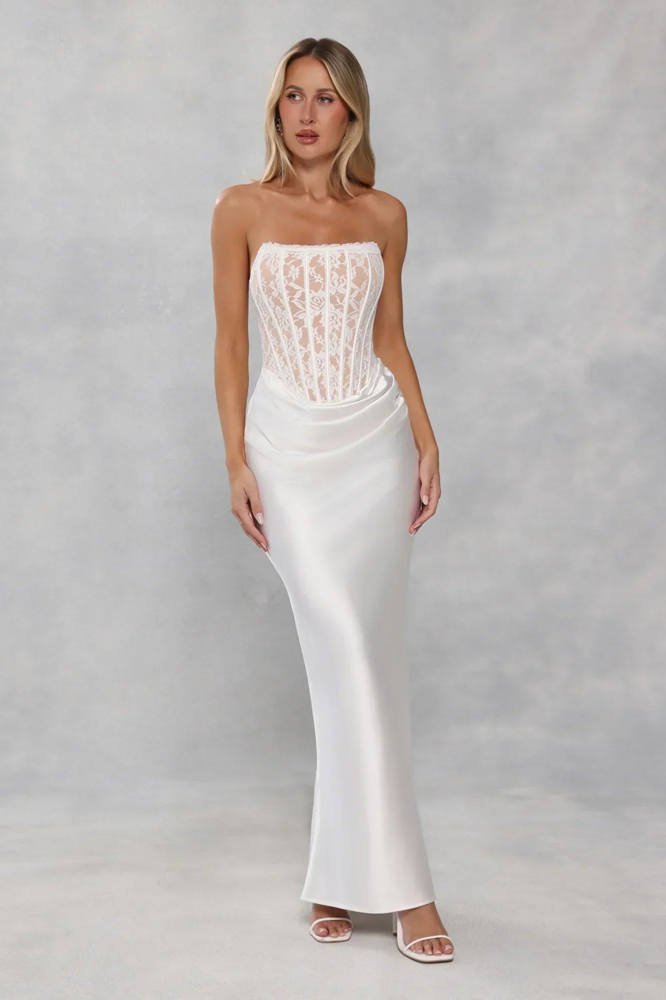 Love In Full Bloom Lace Satin Strapless Maxi Dress White