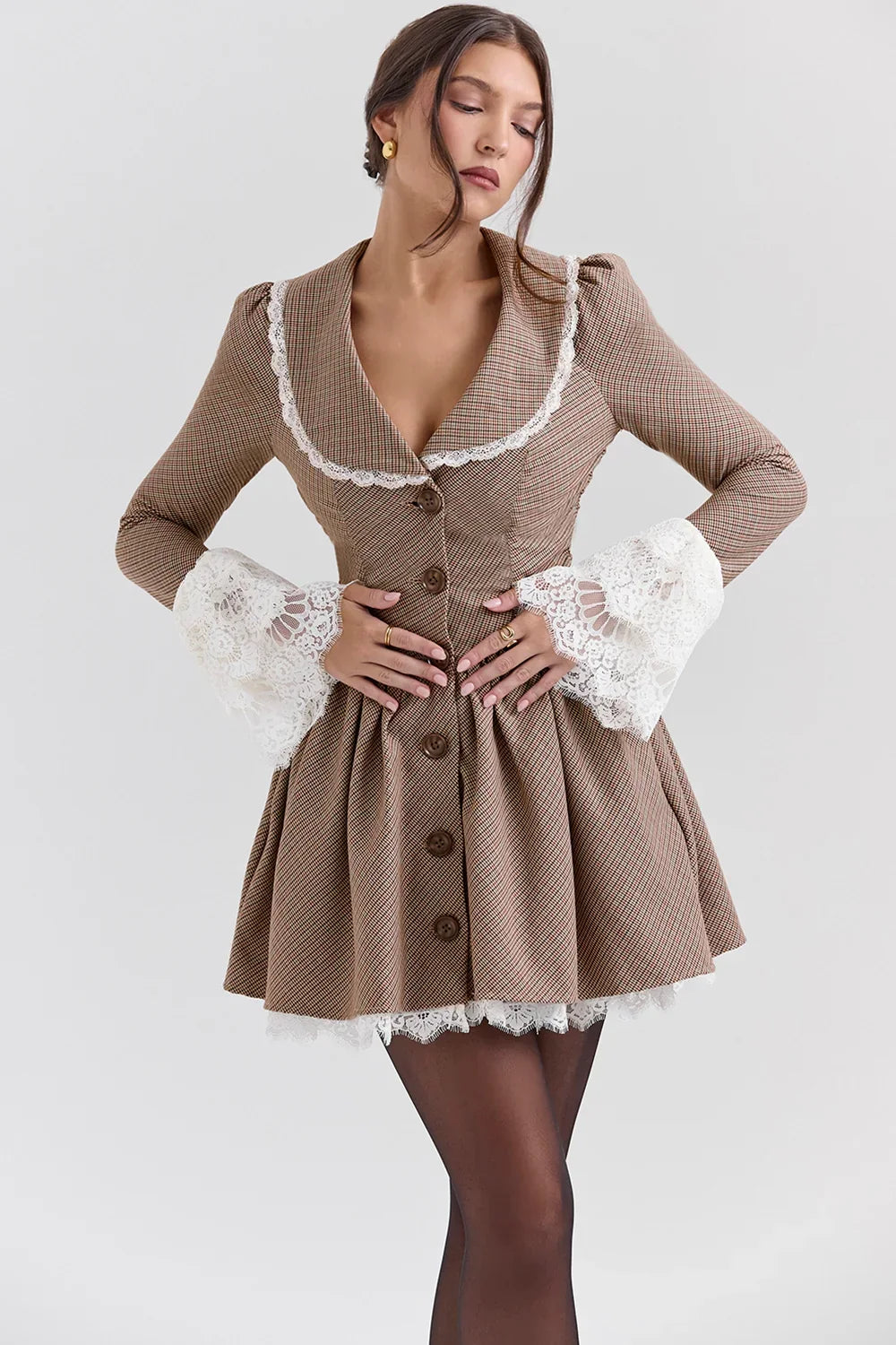 Sable-Brown Puppytooth Check Mini Dress - Sale