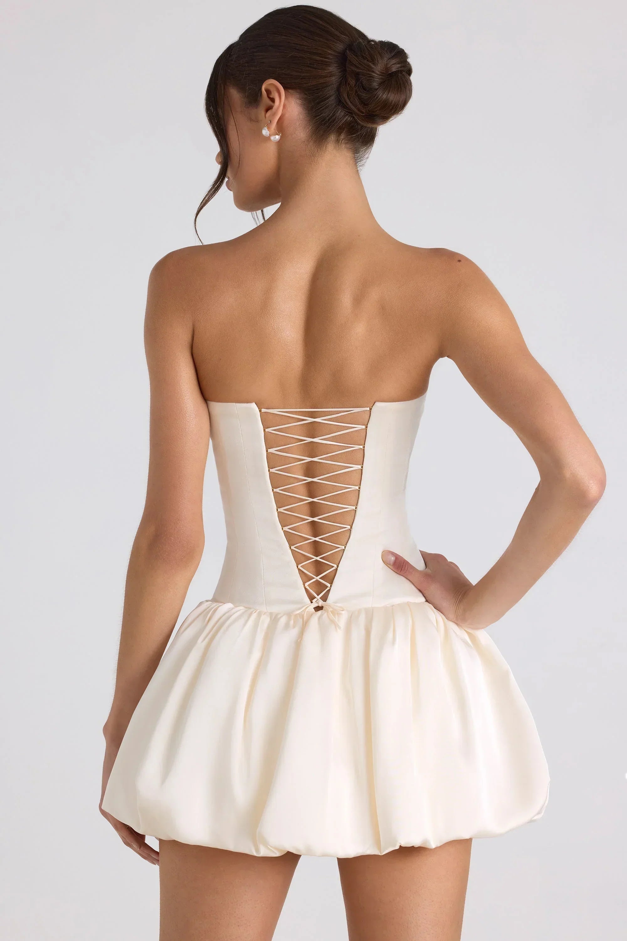 Lace-Up Bubble Hem Corset Mini Dress In Ivory