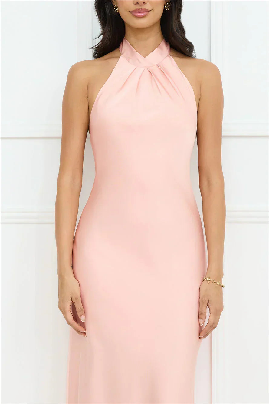 Delicate Dazzle Halter Satin Maxi Dress