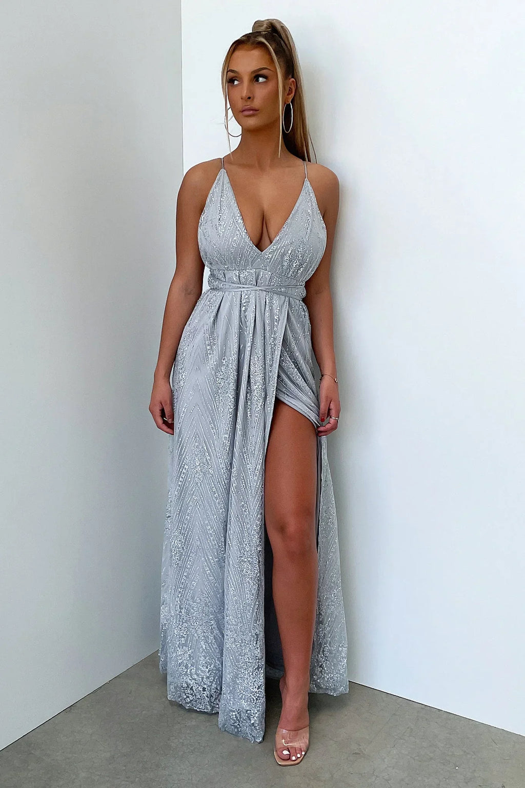 Scarlett Halter Maxi Dress - Silver Glitter