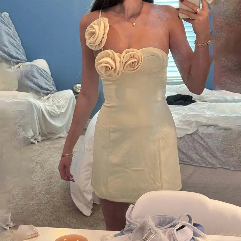 3D Flower-Appliques One Shoulder Backless Mini Dress