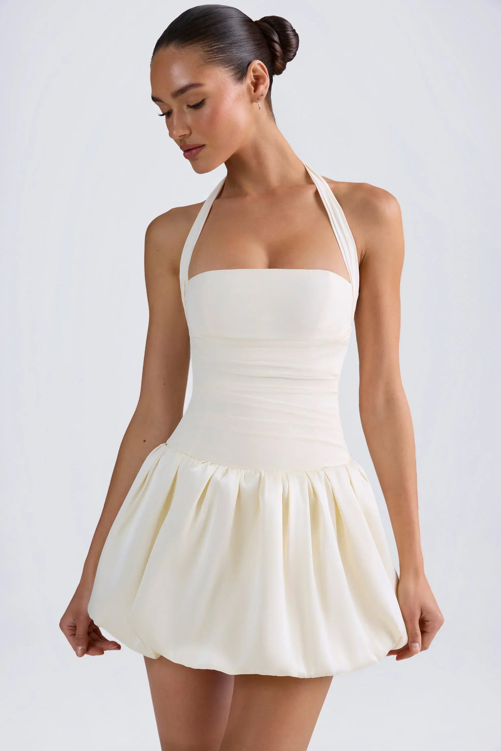 Halterneck Lace-Up Bubble Hem Corset Micro Mini Dress In Ivory