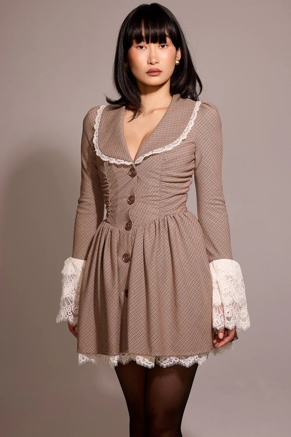 Sable-Brown Puppytooth Check Mini Dress - Sale
