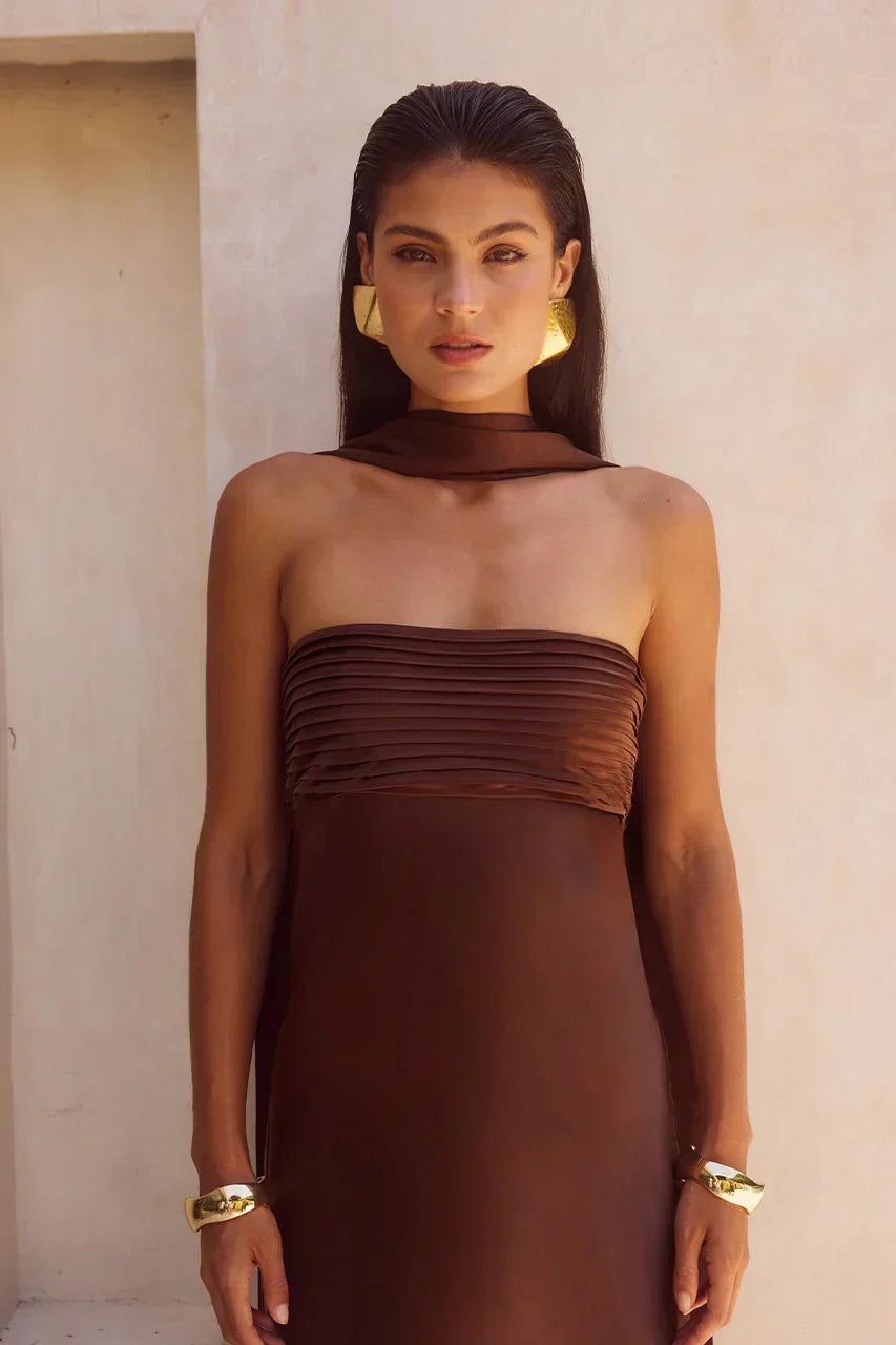 Elsa Strapless Scarf Maxi Dress - Chocolate