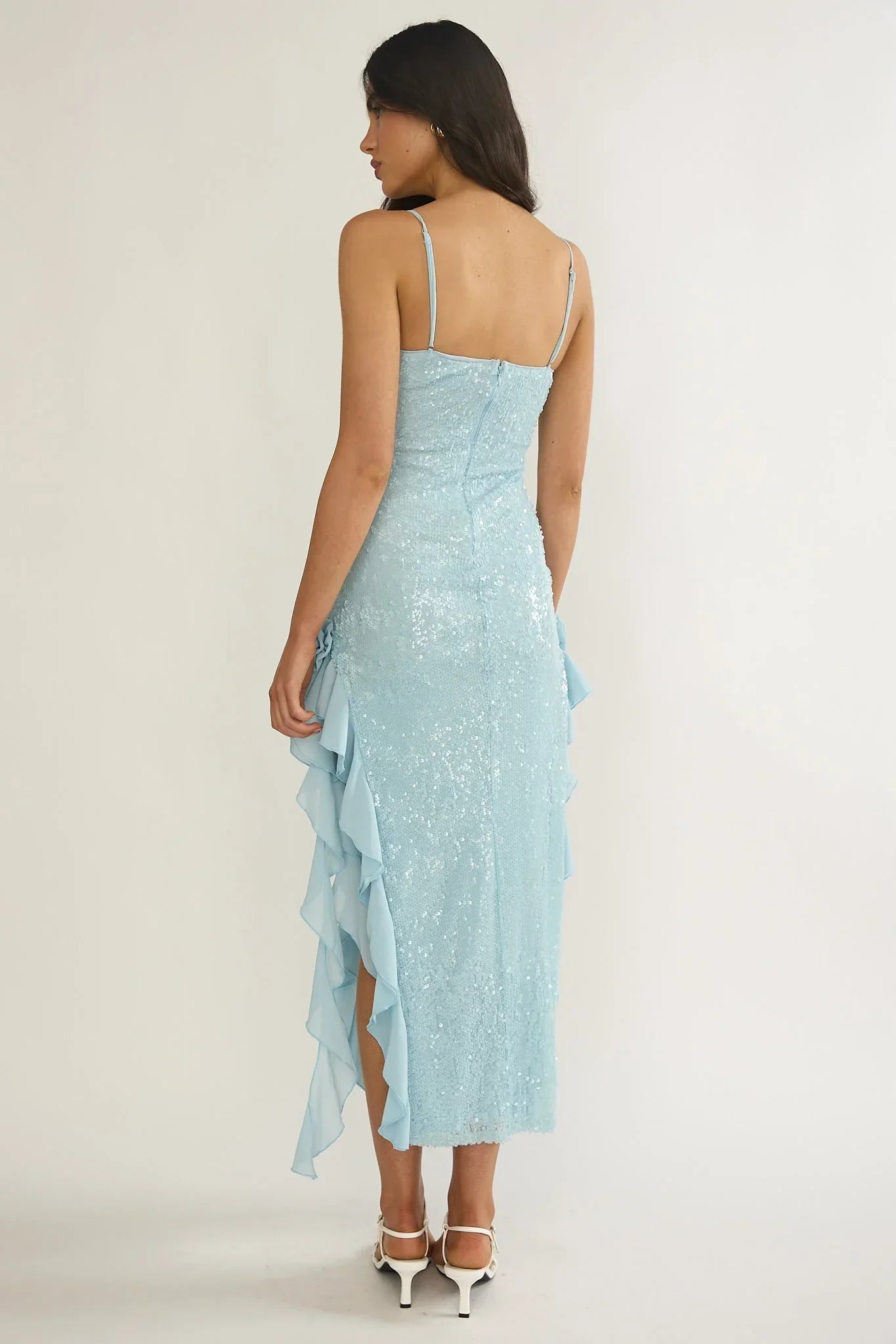 Sky Limit Ruffle Midi Dress Sequin Blue