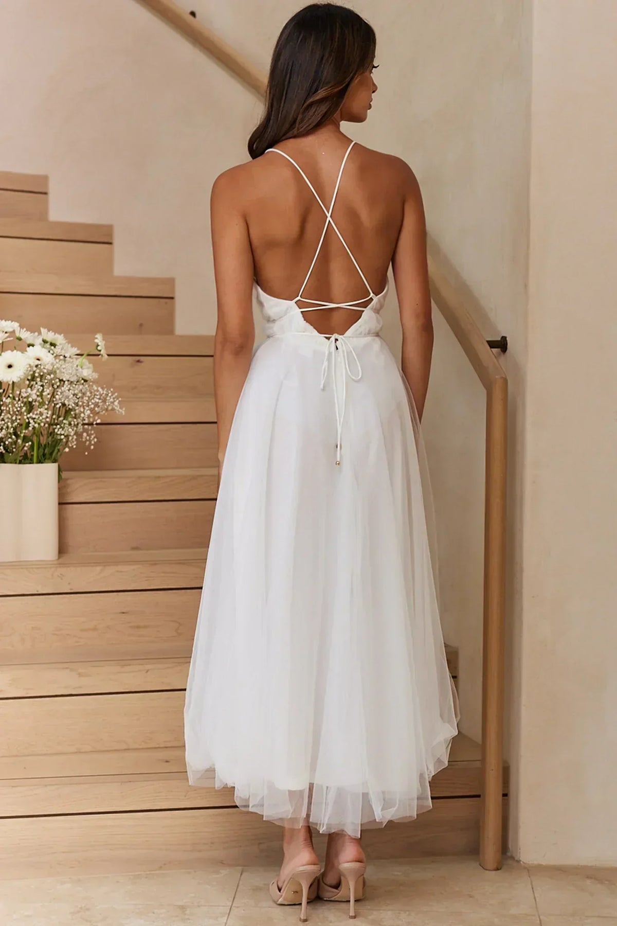 Floating By Plunging Neckline Mesh Overlay Midi Dress White