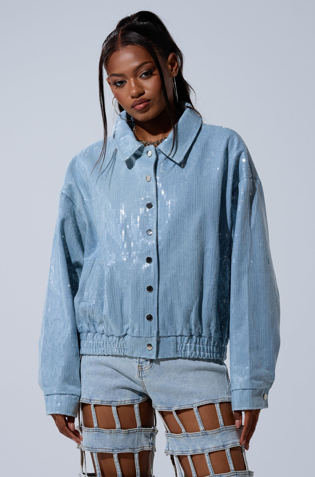 Sequin Overlay Denim Bomber