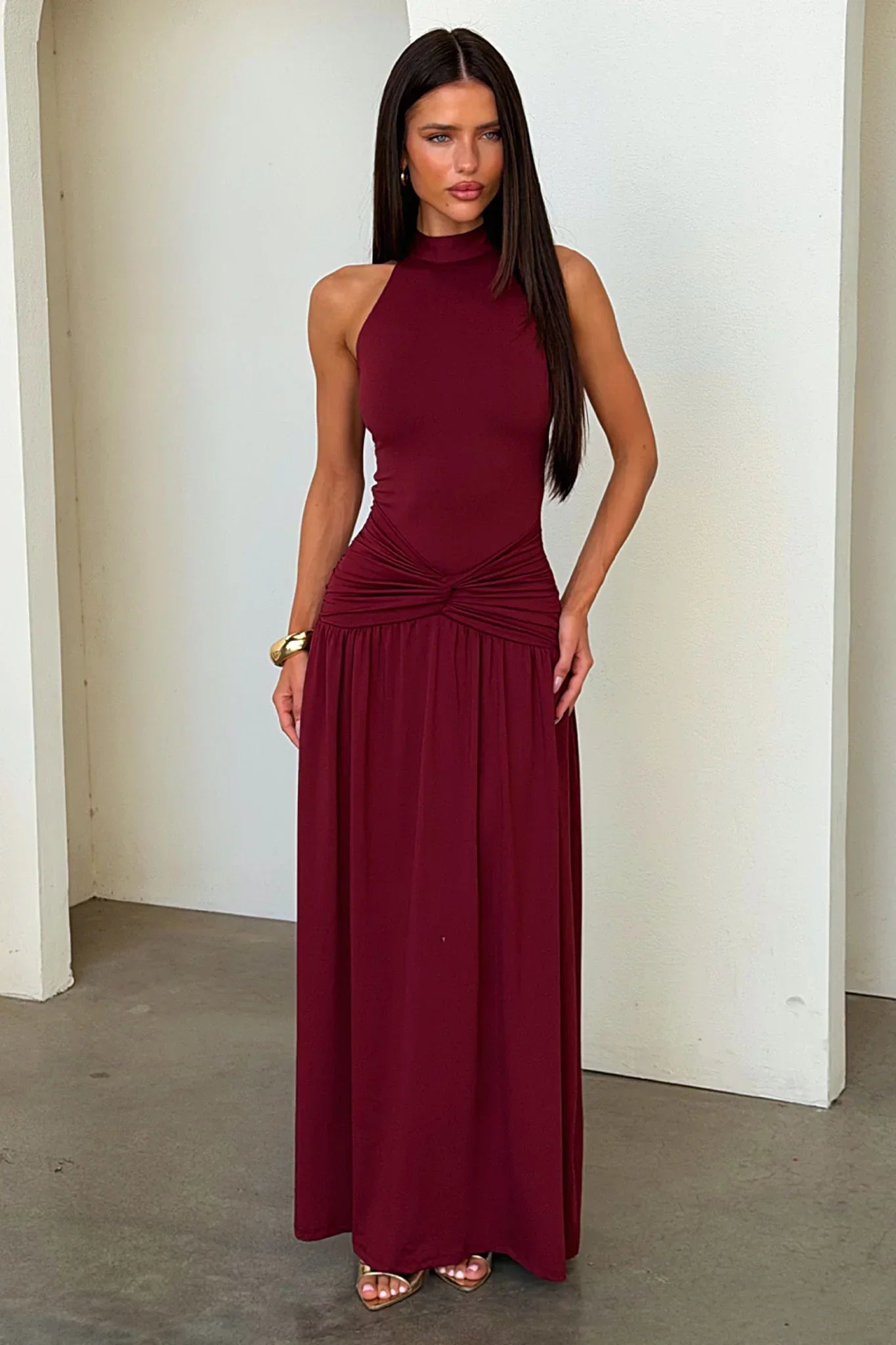 Tallulah High Neck Maxi Dress - Burgundy