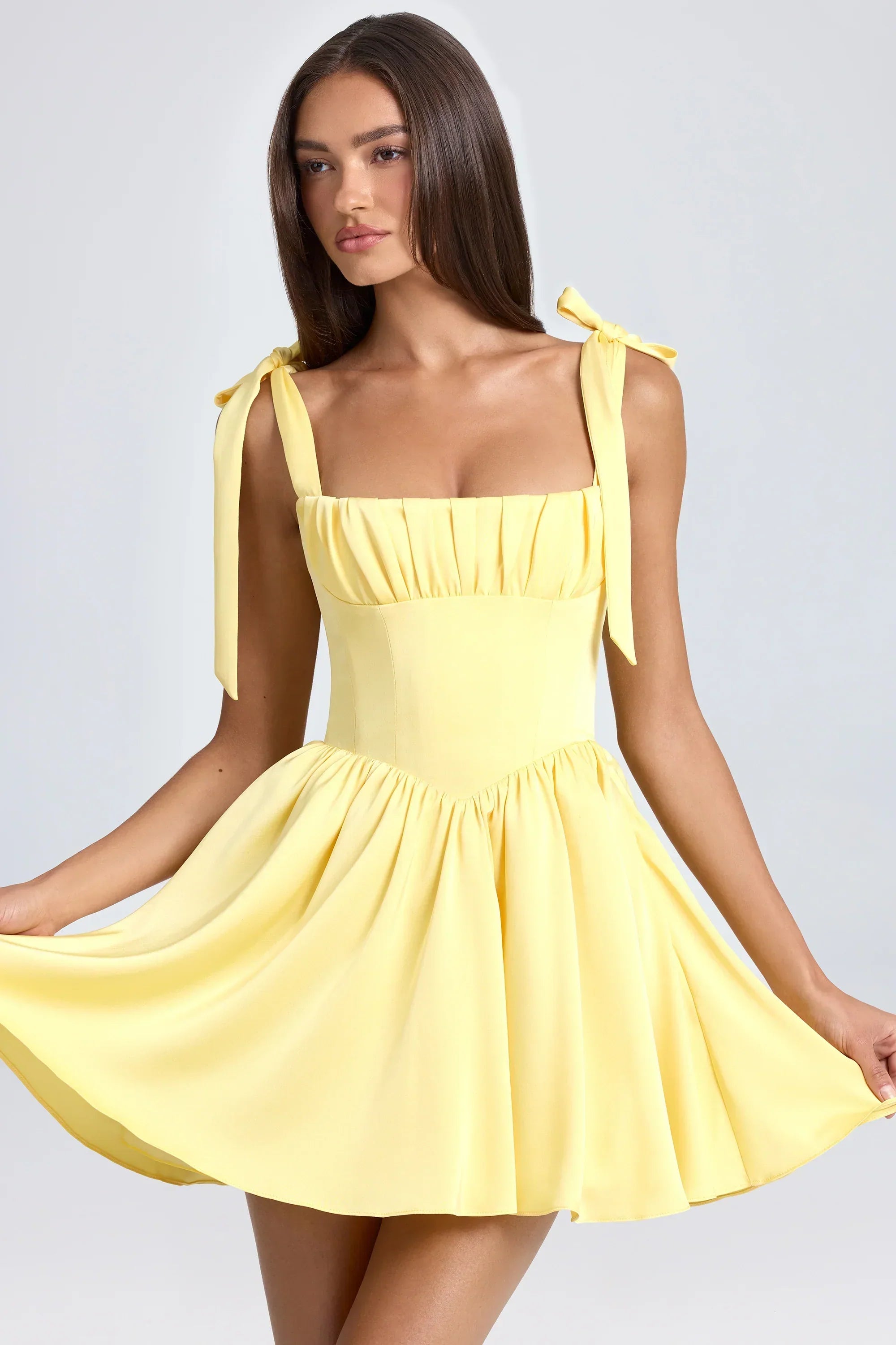 Draped Corset Mini Dress In Lemon Sherbet