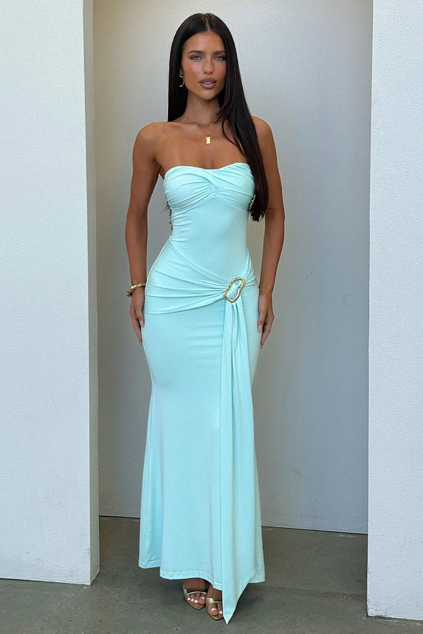Monique Strapless Wrap Maxi Dress - Aqua