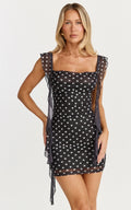Rosha Mini Dress - Ruffle Strap Dress In White/Black