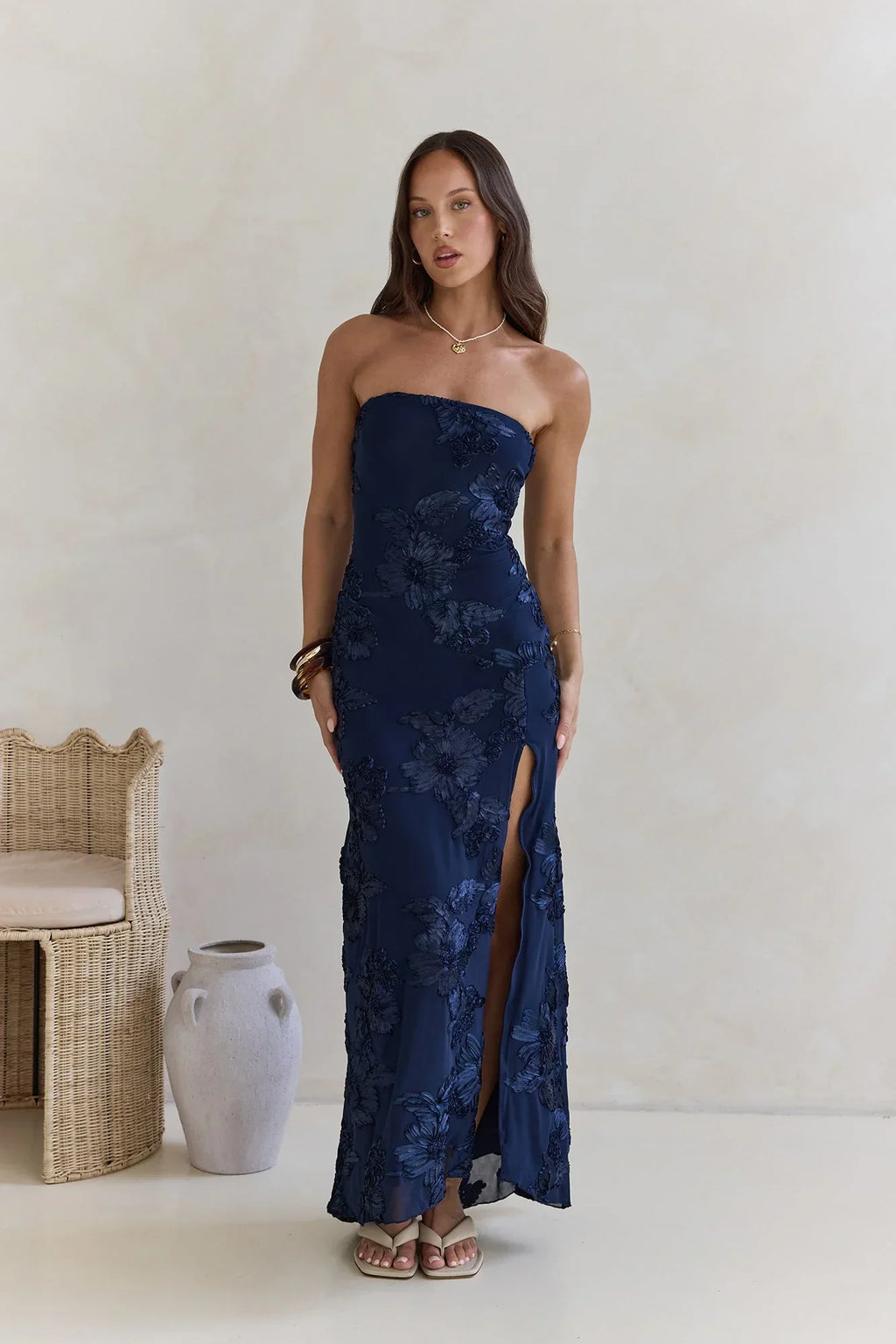 Under A Spell Strapless Mesh Maxi Dress Navy