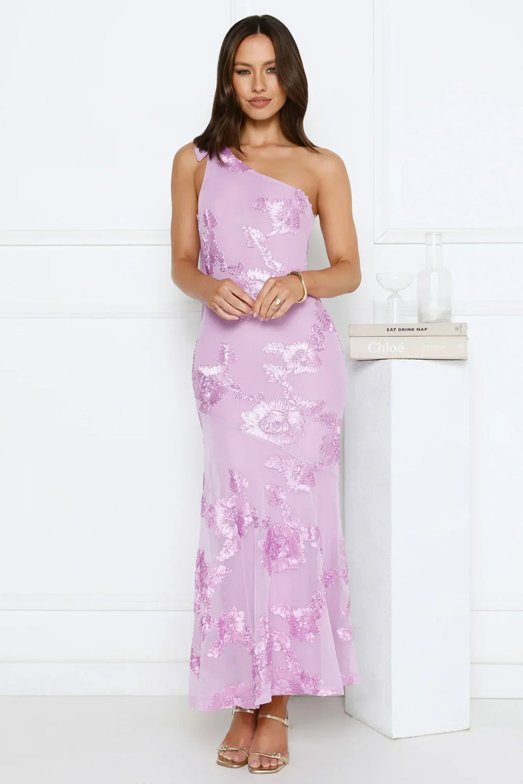 Glossy Girl One Shoulder Mesh Maxi Dress
