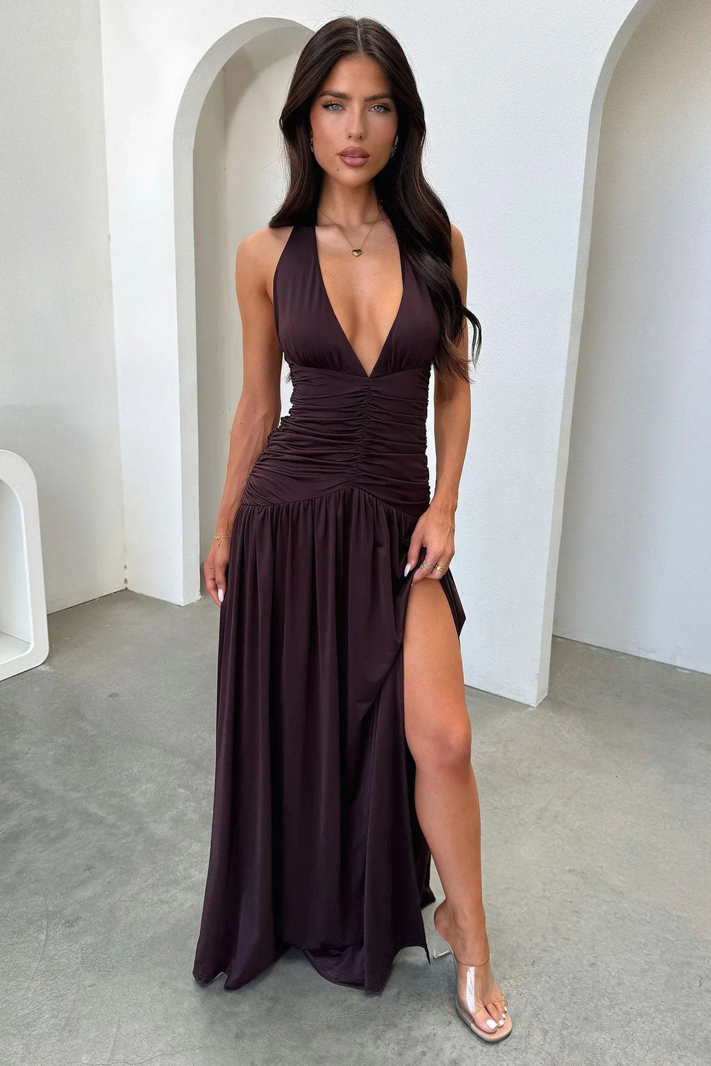 Ginevra Ruched Halter Maxi Dress - Brown