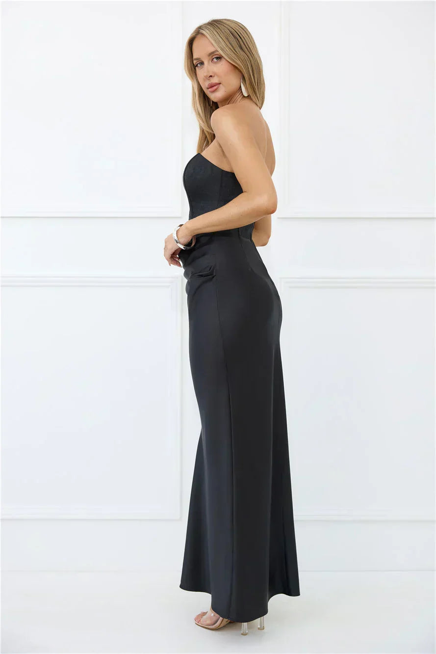 Dressed To Dazzle Strapless Satin Maxi Dress