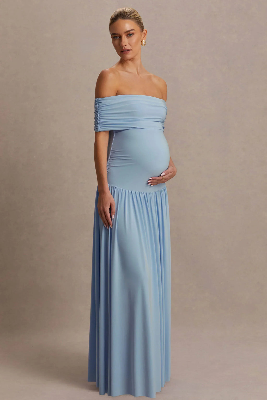 Juliette | Powder Blue Bardot-Neck Maternity Maxi Dress With Drop-Waist