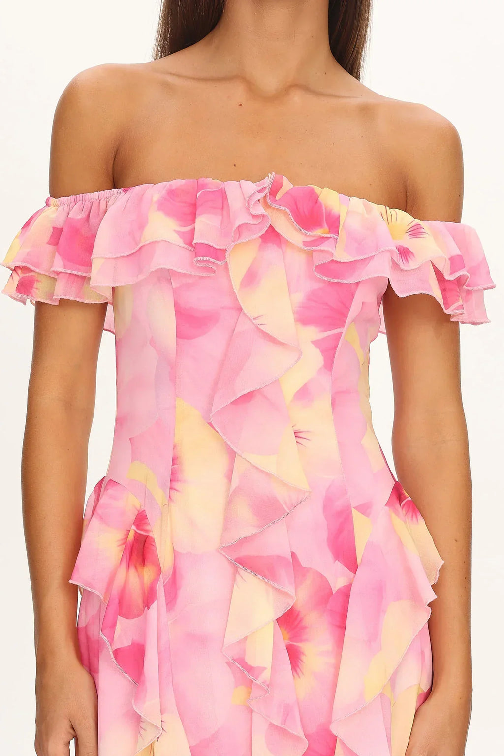 Scarlet Off-Shoulder Ruffle Trim Maxi Dress Print Pink