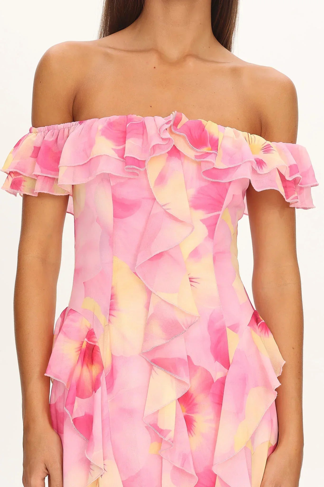 Scarlet Off-Shoulder Ruffle Trim Maxi Dress Print Pink