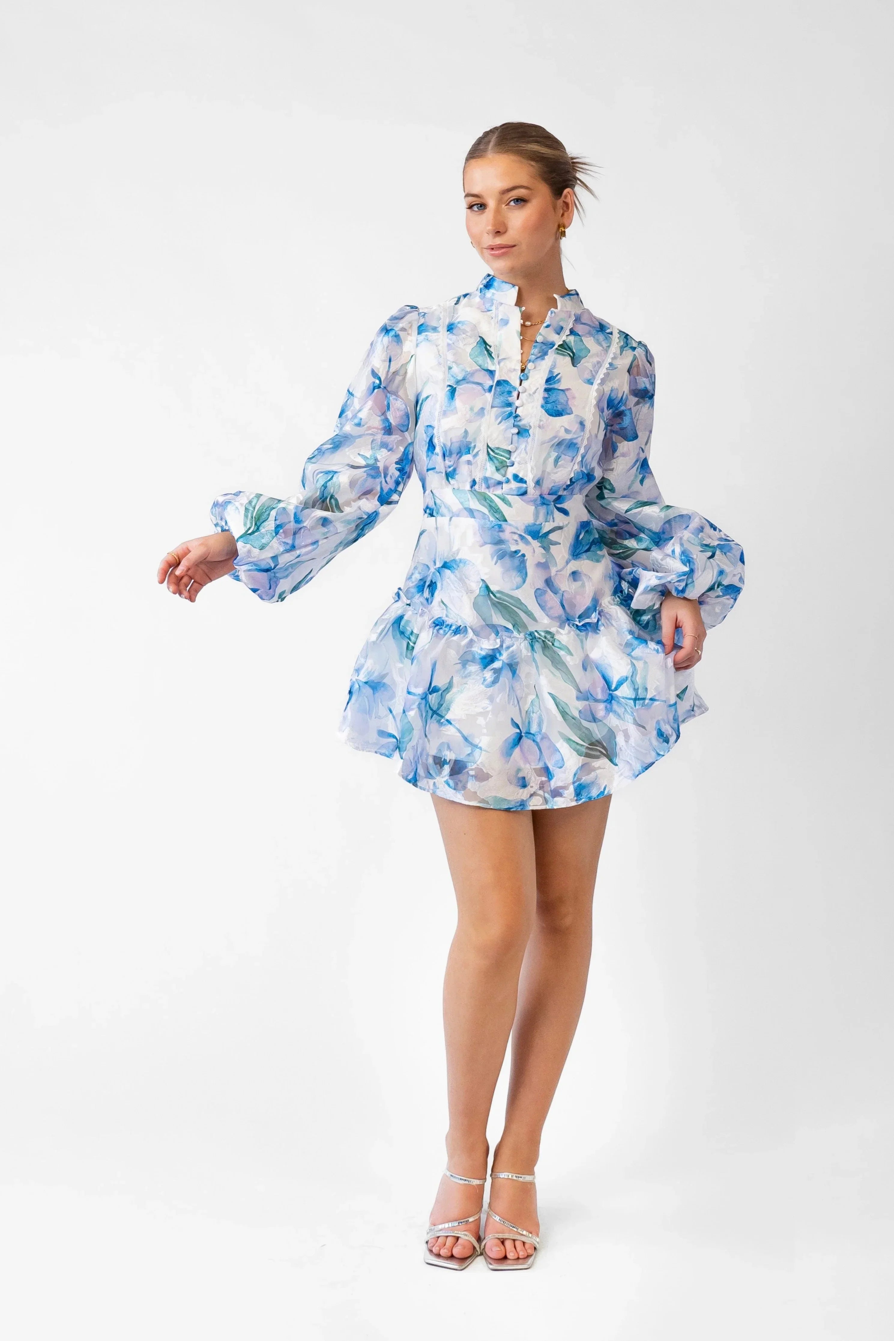 Hazel Blue Print Mini Dress With Long Sleeves