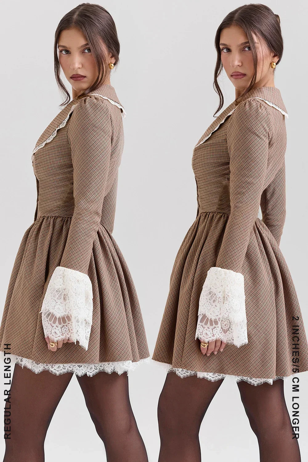 Sable-Brown Puppytooth Check Mini Dress - Sale
