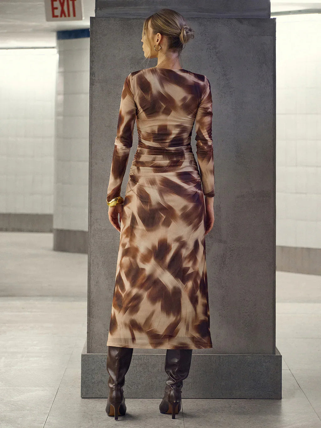 Abstract Print Twisted Mesh Midi Dress