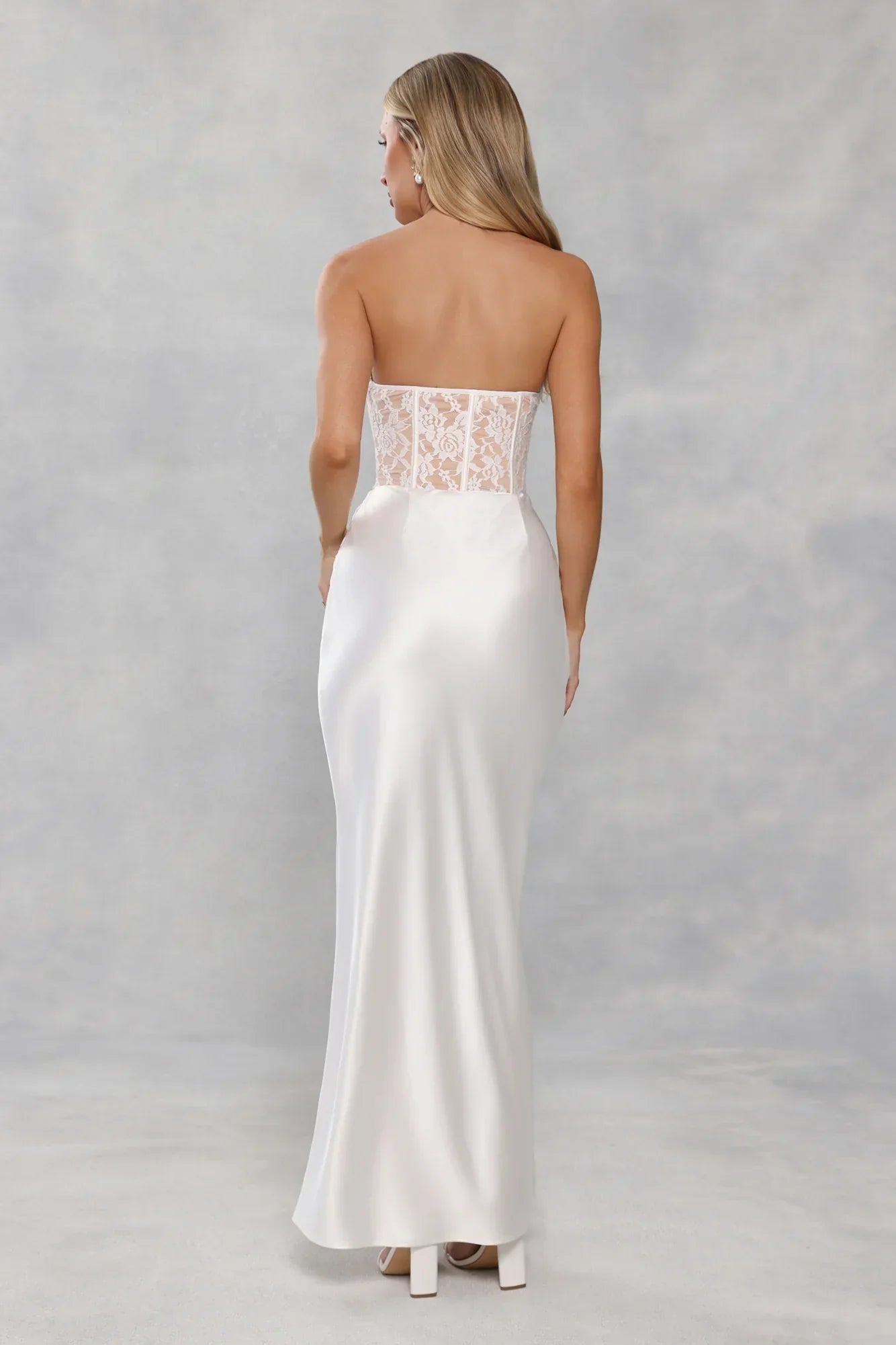 Love In Full Bloom Lace Satin Strapless Maxi Dress White