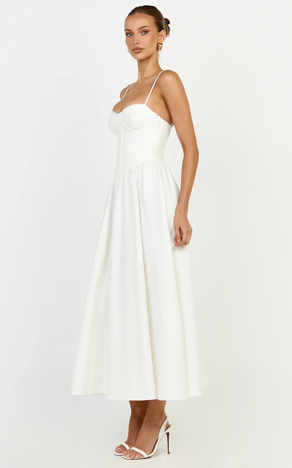 Seren Midi Dress - Corset Bodice Fit And Flare Dress In White