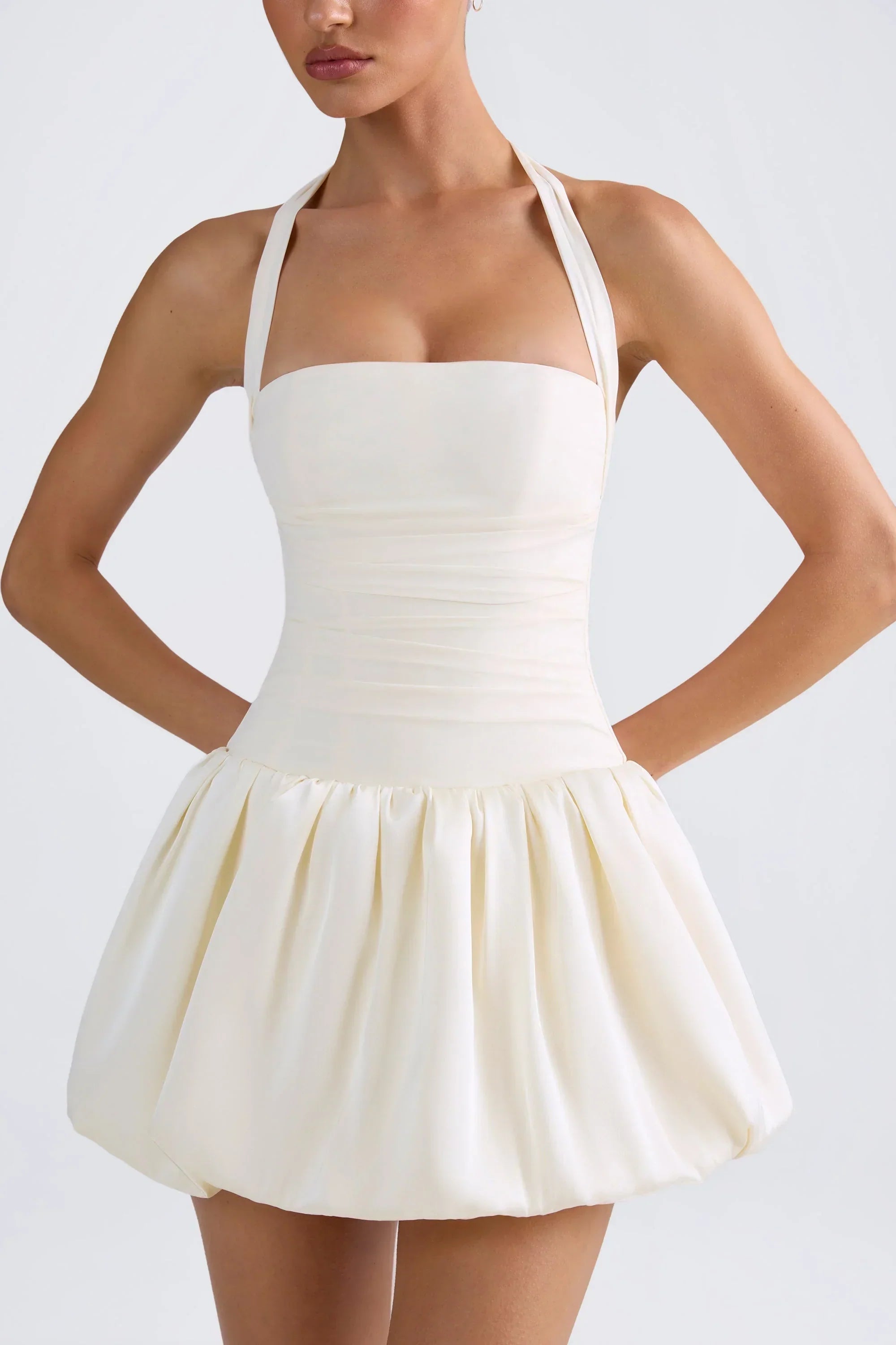 Halterneck Lace-Up Bubble Hem Corset Micro Mini Dress In Ivory