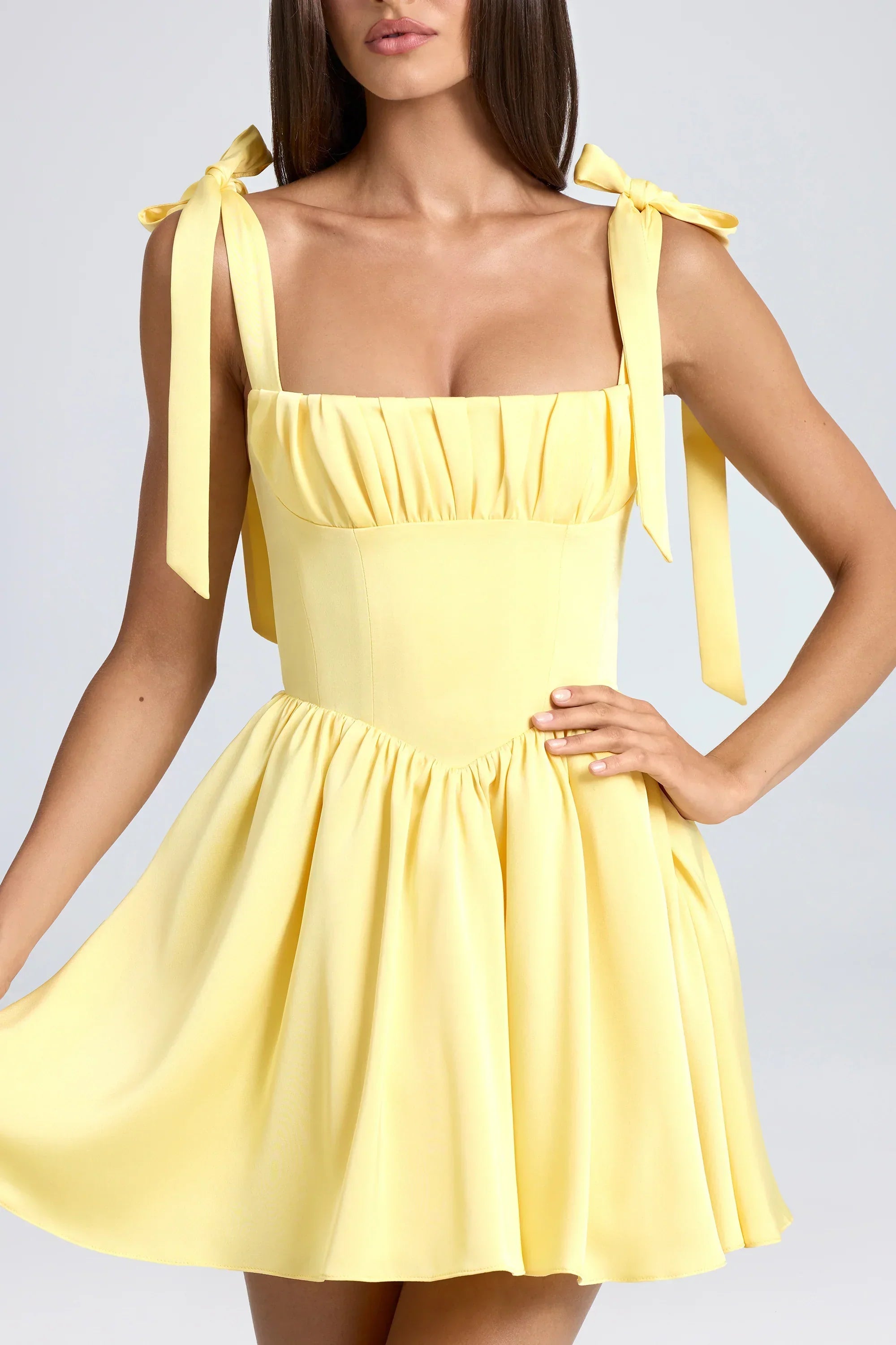 Draped Corset Mini Dress In Lemon Sherbet