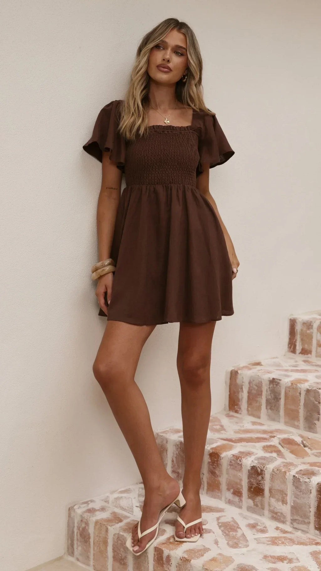 Molly Linen Mini Dress - Chocolate