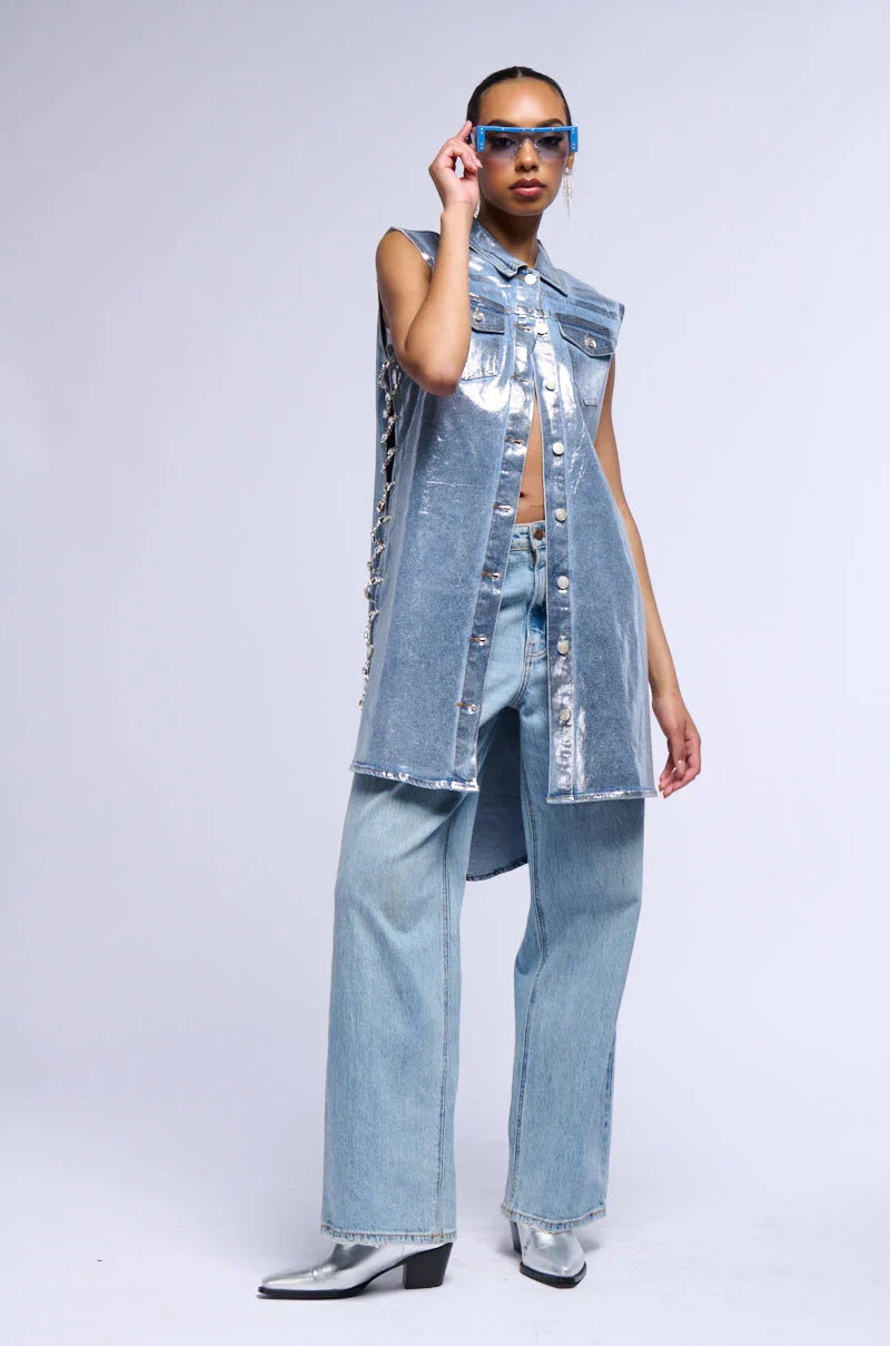 Vegas Rhinestone Trim Metallic Denim Vest