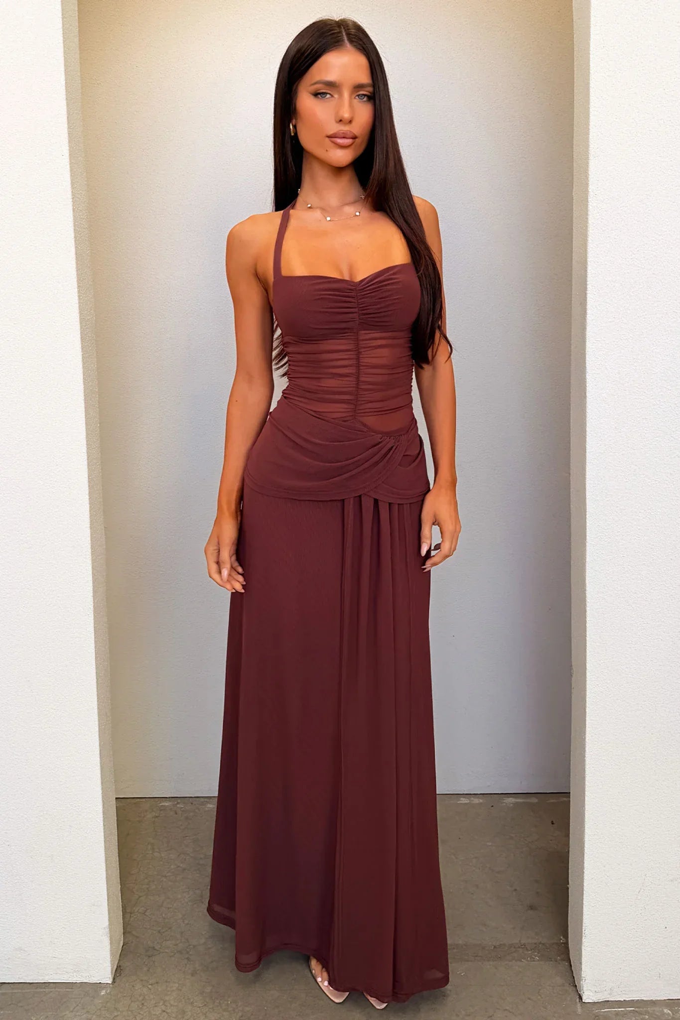 Gabrielle Haleterneck Mesh Maxi Dress - Brown
