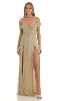 Sequin Striped Off The Shoulder Maxi Dress in Gold